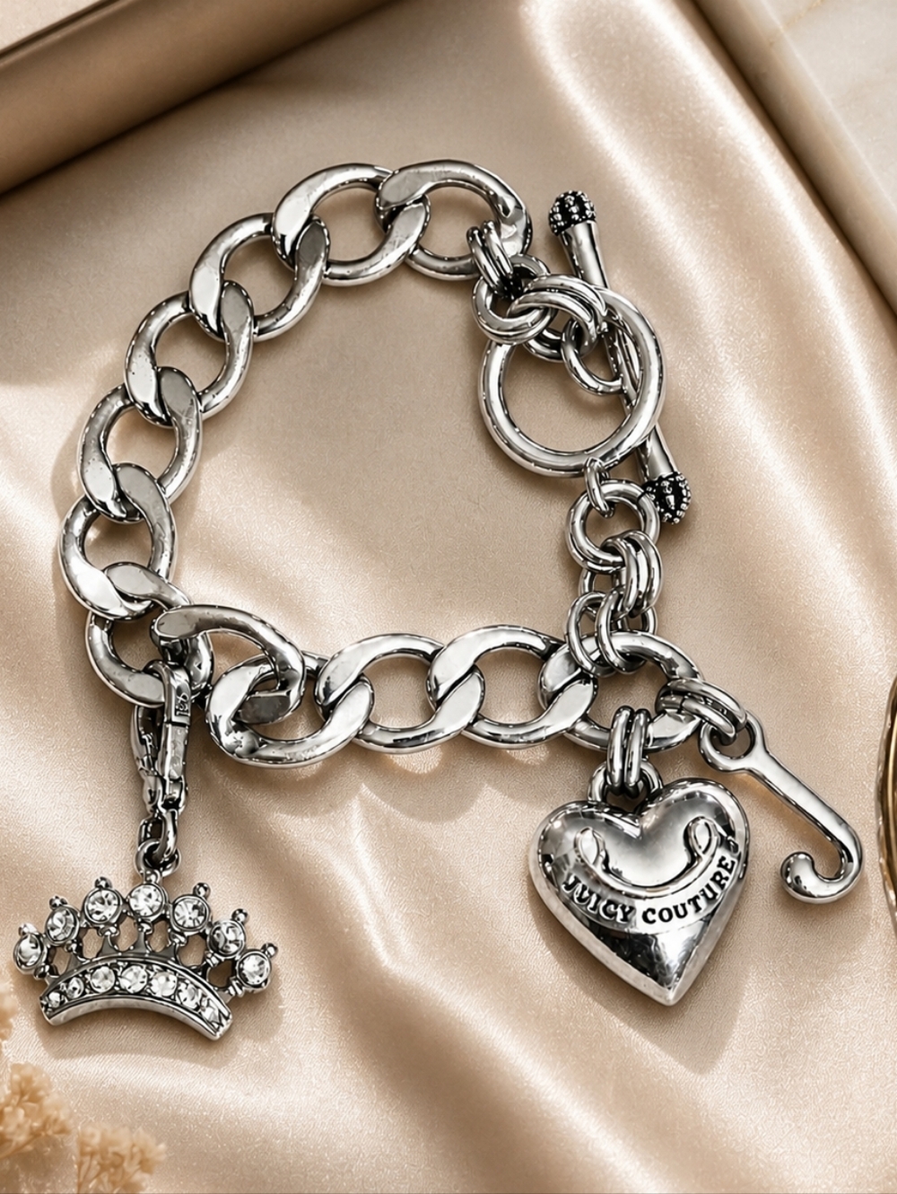 Vintage Juicy Couture Silver Charm Bracelet Heart Logo Crown J Chunky Chain